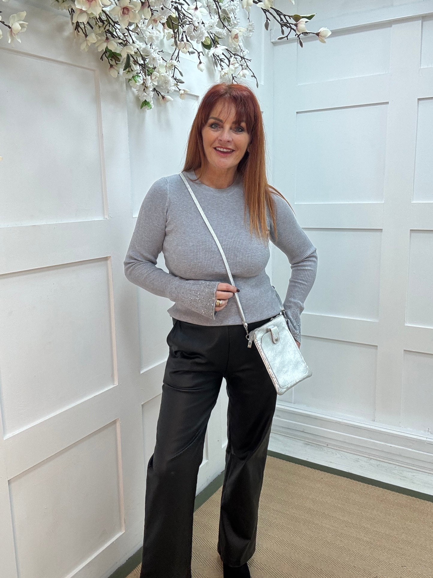 Skylar: Grey ribbed diamanté cuff long sleeve top. Two sizes.