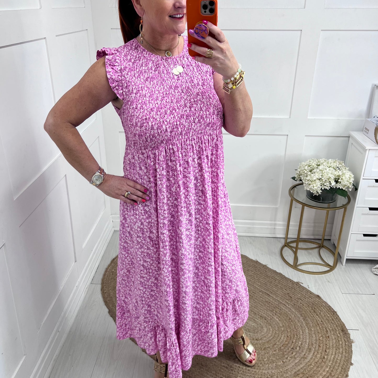 Lexi: Ditsy hot pink floral midi dress. One size 8-16/18