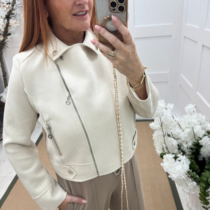 Dorita: Cream soft feel biker jacket. 3 sizes