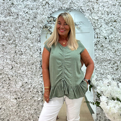 Miranda: Khaki linen ruched pull vest top. One size: 14-20