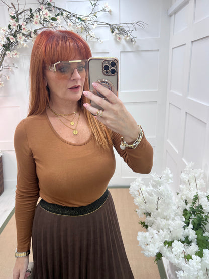 Bessie: Tan basic long sleeve top. One size: 10-16/18