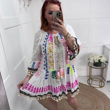Maisie: White & multicoloured embroidered boho dress. One size: 12-18