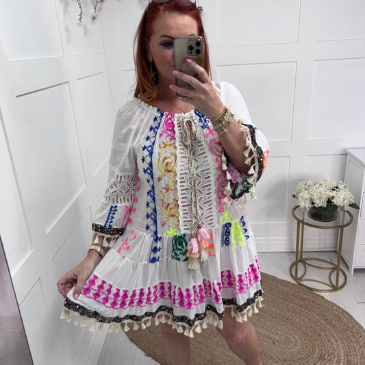 Maisie: White & multicoloured embroidered boho dress. One size: 12-18
