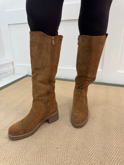 Tessa: Tan stretchy knee high boots. Sizes 3-8