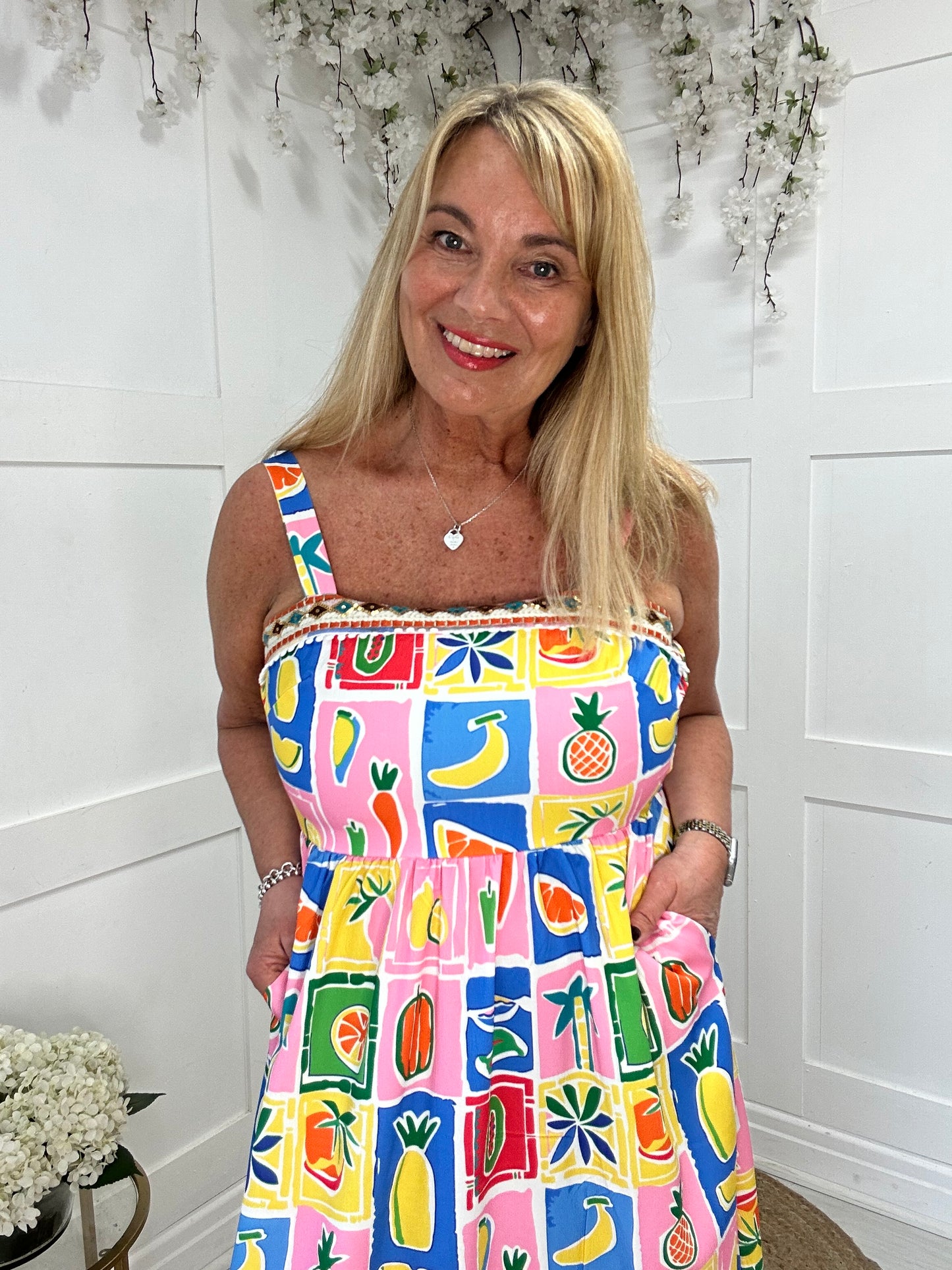 Amelia: Fruit print & embroidered pocket dress. 3 sizes