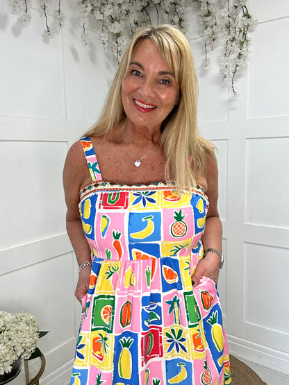 Amelia: Fruit print & embroidered pocket dress. 3 sizes