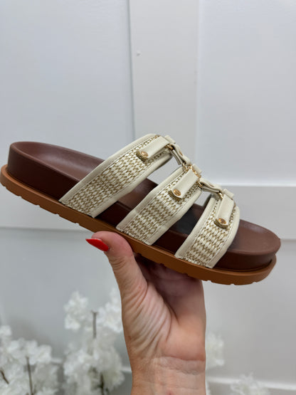 Rene: Cream & gold 3 strap sandals Sizes: 3-8