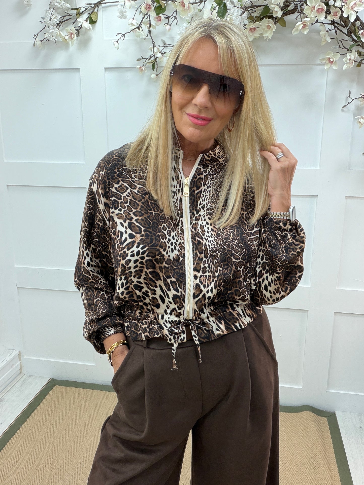 Briony: Silky leopard printed bomber jacket. One size: 12-18