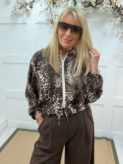 Briony: Silky leopard printed bomber jacket. One size: 12-18