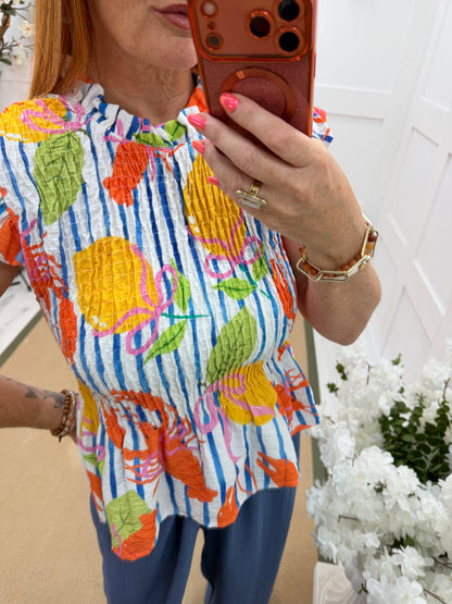 Faye: Lobster cap frill sleeve shirred top. One size: 10-16. 3 colours