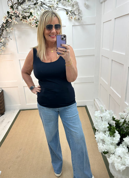 Abigail: Stretchy navy blue basic vest top. 2 sizes