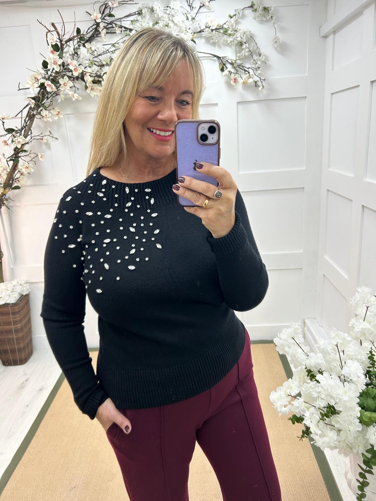 Lois: Black rhinestone shoulder knit. One size: 12-16