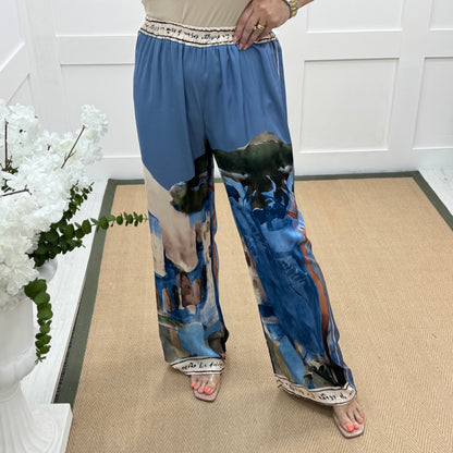 Sophia: Blue silk Amalfi wide leg trousers. One size: 10-16