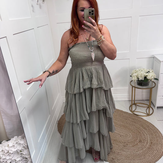 Kellie: Mocha boobtube cotton rara dress. One size: 10-18