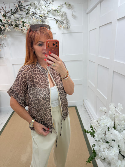 Liberty: Brown silky leopard print bomber jacket. One size: 10-16