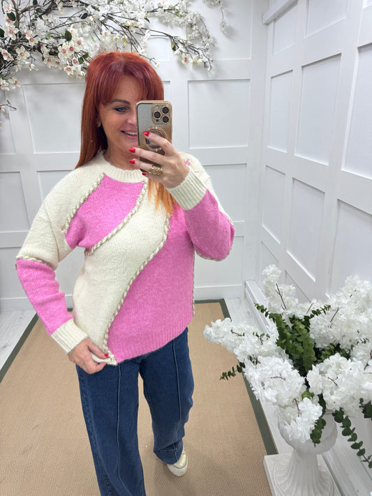 Katia: Pink & cream wool knit top. One size: 10-14
