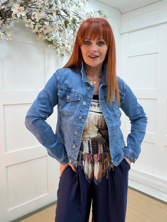 Delilah: Blue denim jacket. Sizes: 8-16