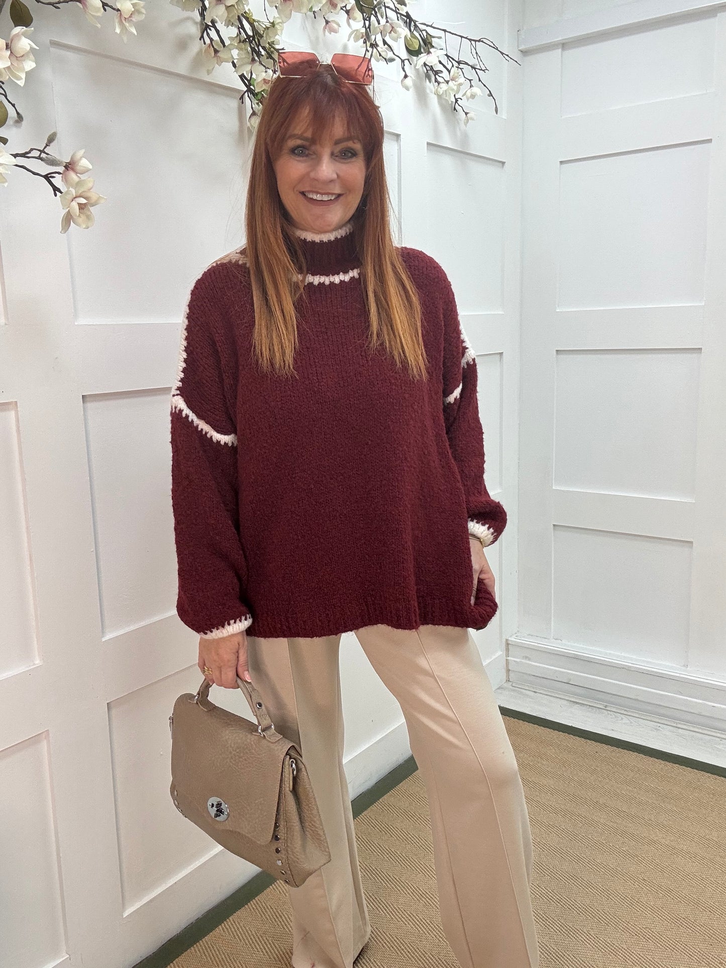 Sonia: Burgundy & white slouchy jumper. One size 14-18