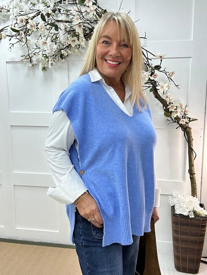 Phoenix: Blue button knit top. One size: 14-20