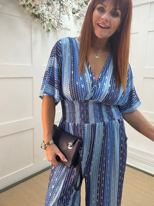 Gia: Blue and gold speckle wide leg jumpsuit. One size: 12-18