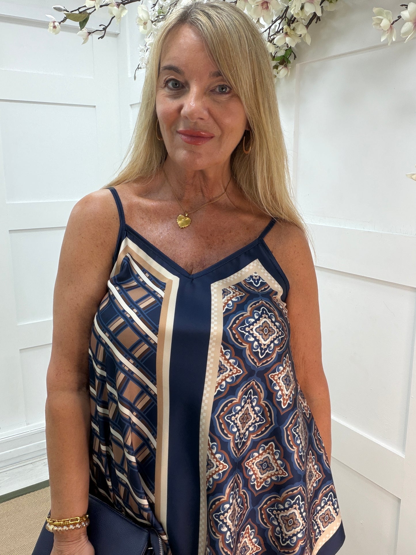 Tilly: Silky geometric printed V neck top. One size 10-16. 3 colours