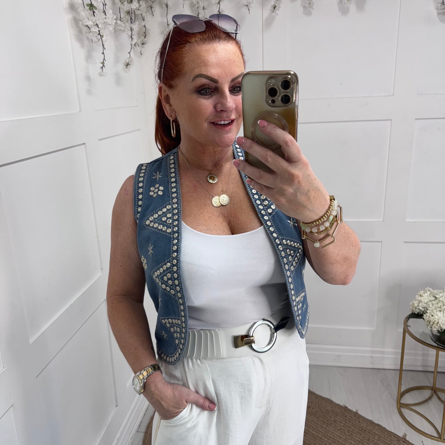 Zarah: Denim blue & Ivory rhinestone waistcoat. One size: 8-14