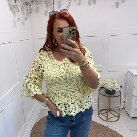 Ellie: Lemon fluted arm crochet top & vest. One size: 10-16
