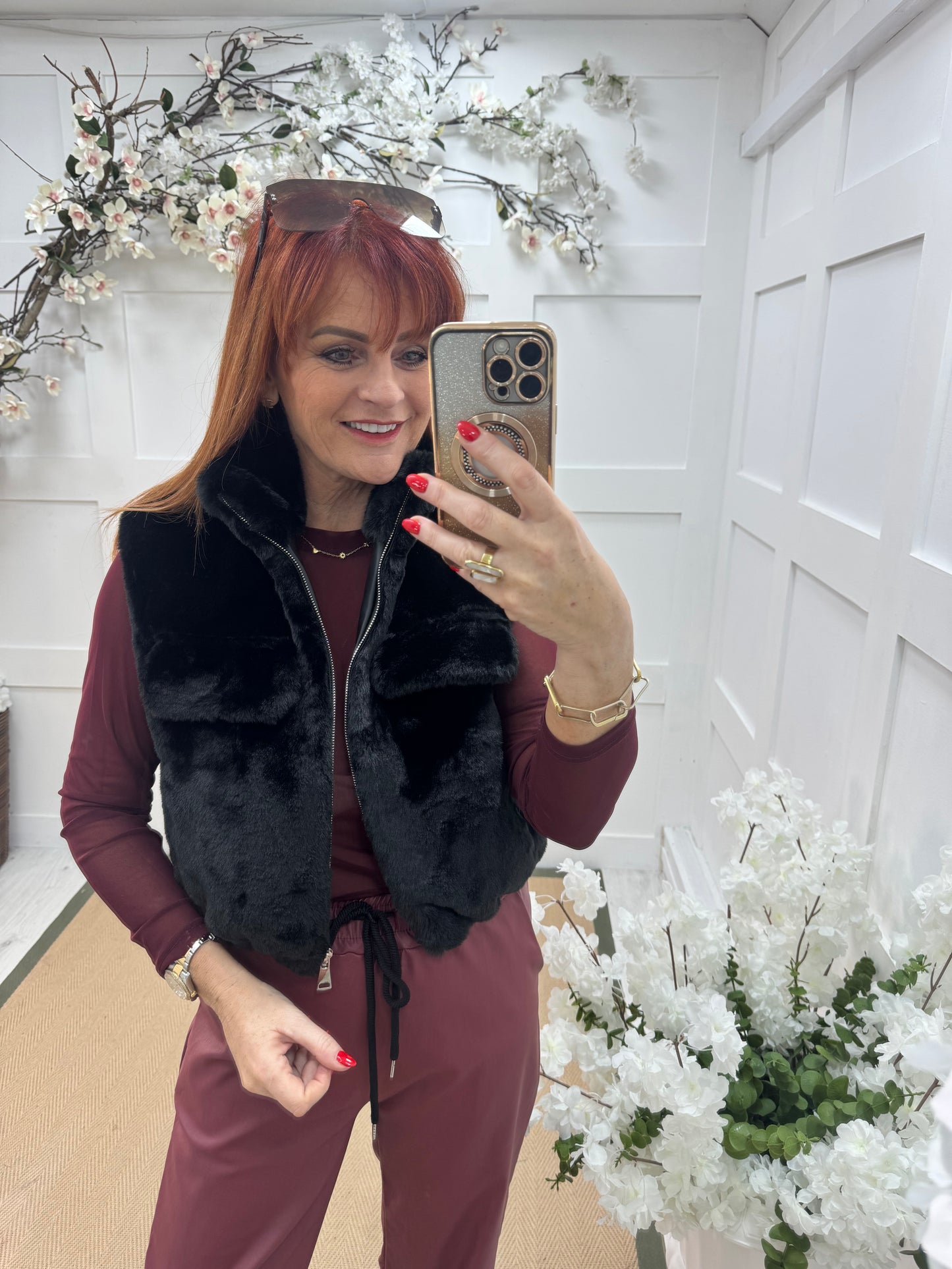 Effie: Black teddy bear faux fur gilet. One size 8-14