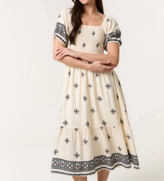 Pamela: Cream & black embroidered dress. 3 sizes