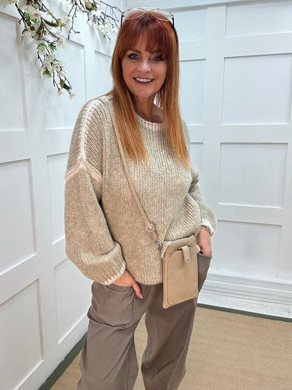 Odette: Beige slouchy knit knitted jumper. One size: 12-18