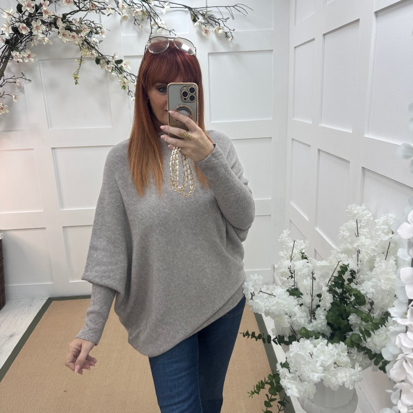 Erica: Oatmeal/beige asymmetrical slouch soft knit top. One size 10-18