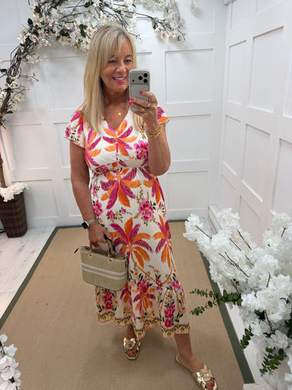 Phoebe: Orange floral print short sleeve maxi dress. One size: 10-14
