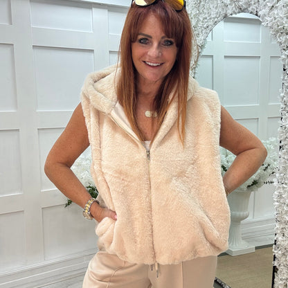 Sophie: Cream faux fur hoodie gilet. One size 12-18