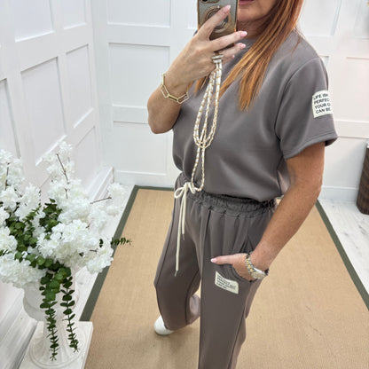 Dulce: Taupe top & trouser co-ord set. One size: 12-16/18
