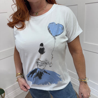 Sam: White & blue diamanté’ ballerina T shirt. One size: 10-16