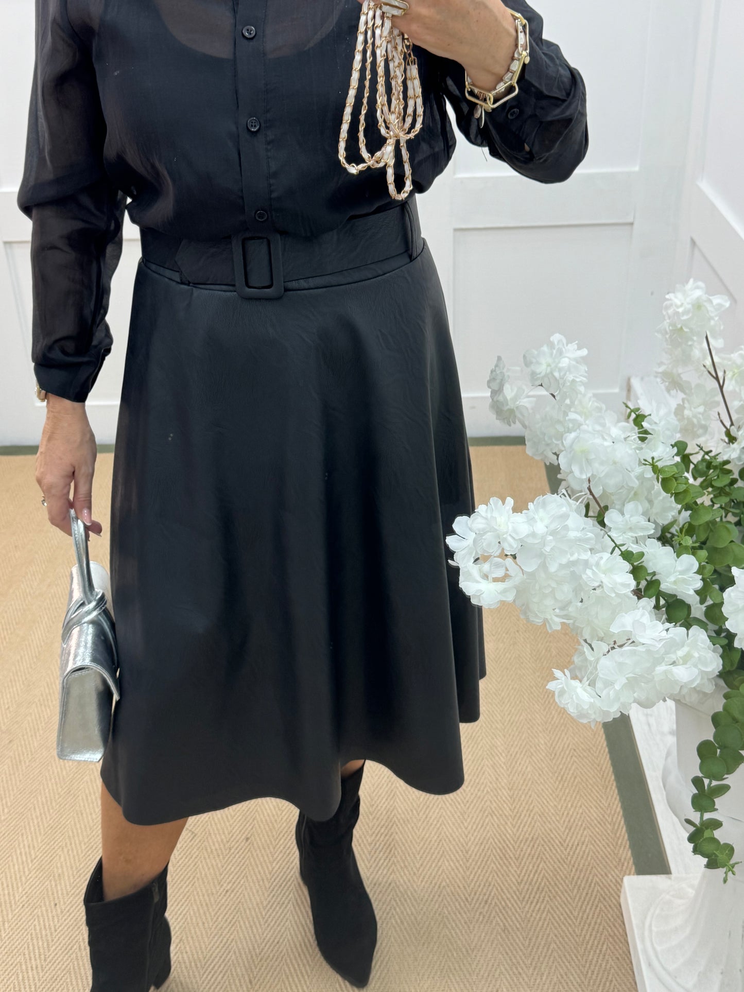 Kendra: Black faux leather belted skirt. One size: 8-12