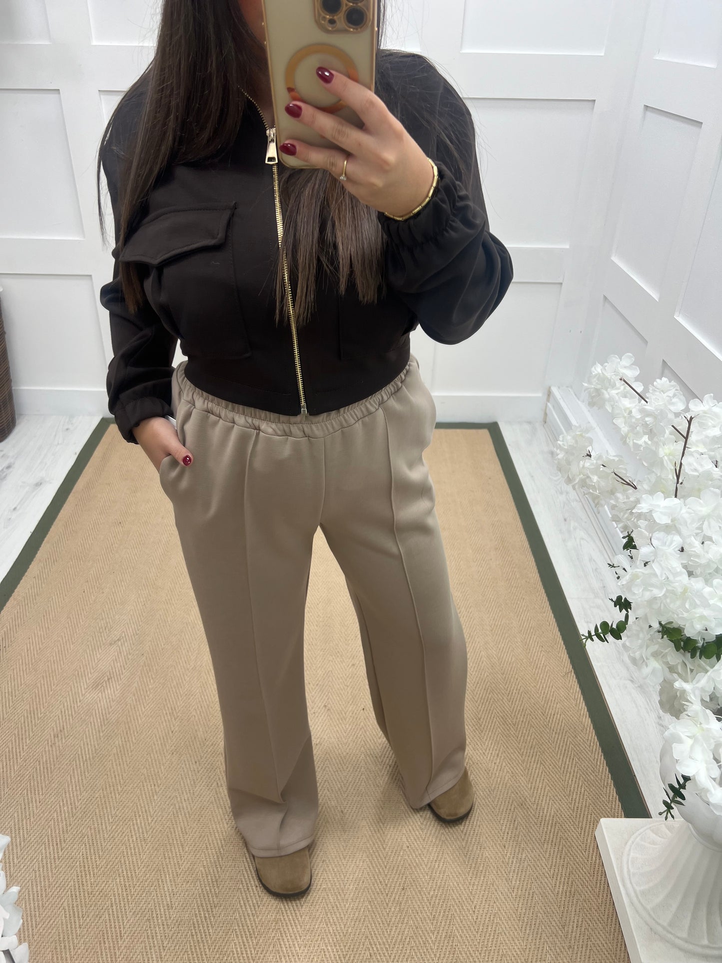 Trudy (Short): Mocha stretchy wide leg pocket trousers. One size 10-16