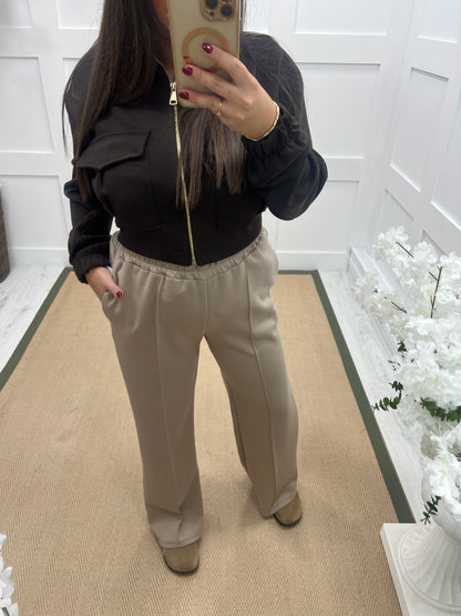 Trudy (Short): Mocha stretchy wide leg pocket trousers. One size 10-16