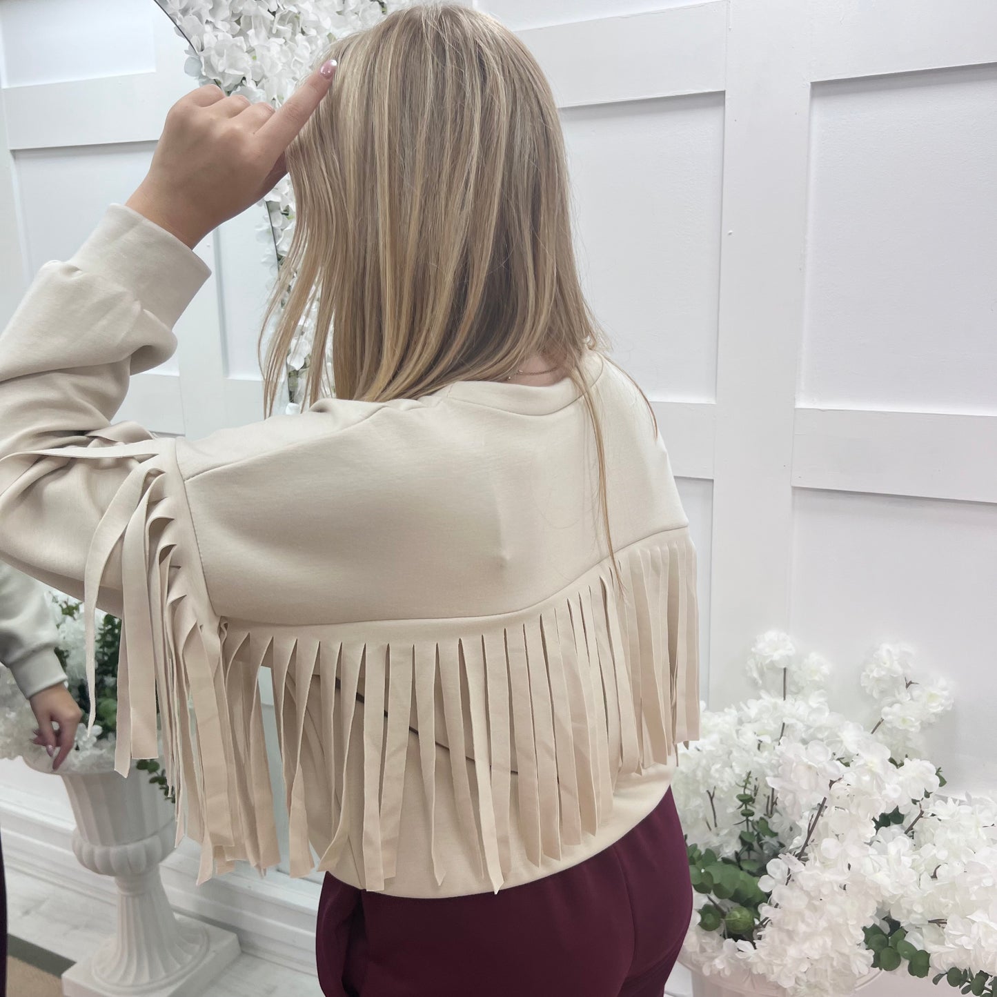 Athens: Cream short tassel sweatshirt. One size: 10-16