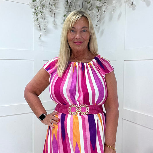 Astrid: Pink & purple stripe midi dress. One size: 14-20