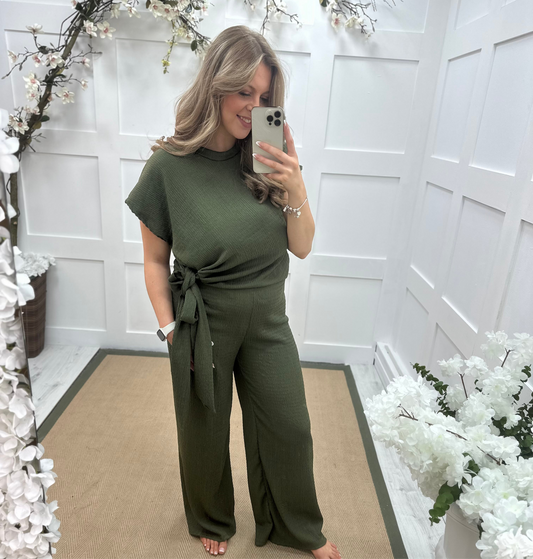 Maddie: Khaki tie knot co-ord set. 2 sizes