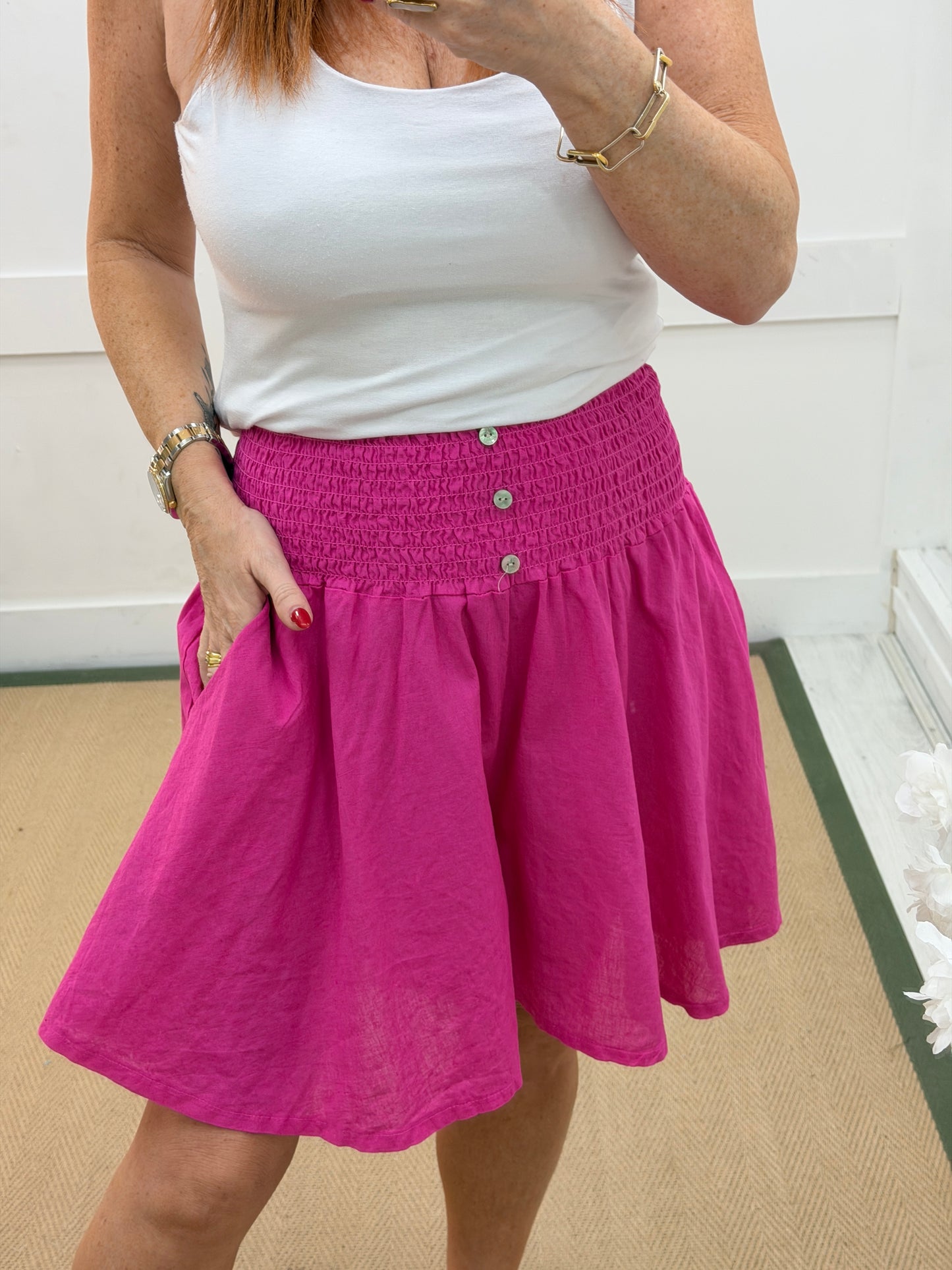 Mattie: Shirred waist wide leg linen shorts. One Size 8-18. 6 colours