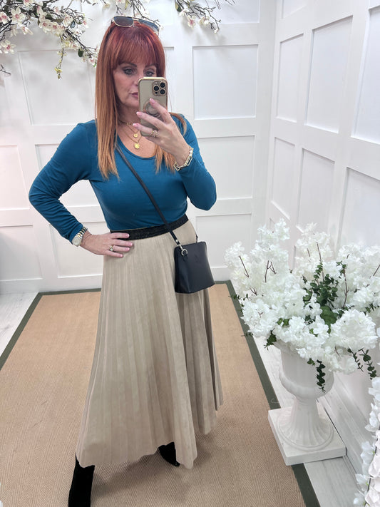 Mara: Cream suedette pleated maxi skirt. One size: 12-16