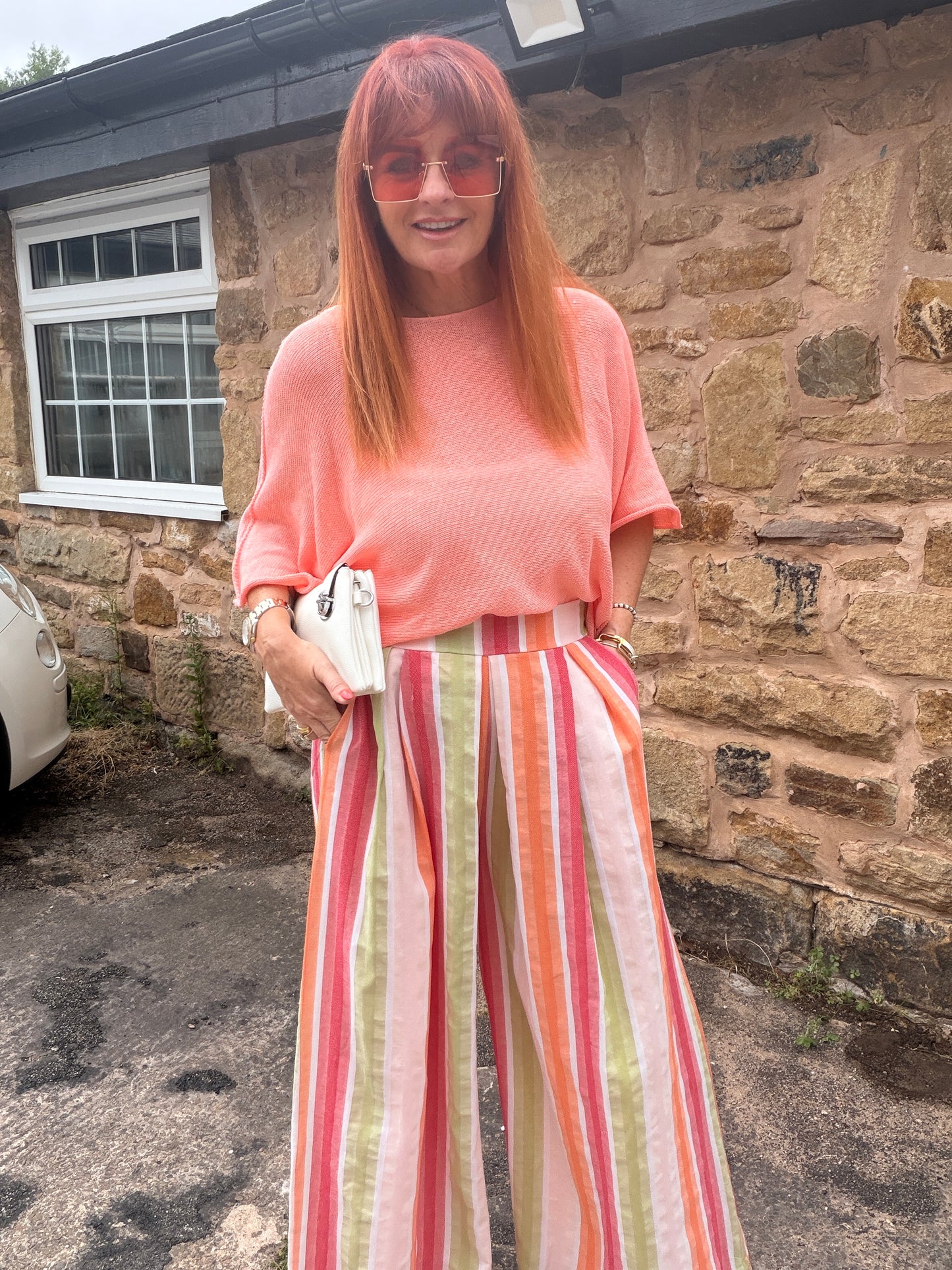 Suzie: Wide leg stripe trousers with pockets. One size: 10-16. 2 colours