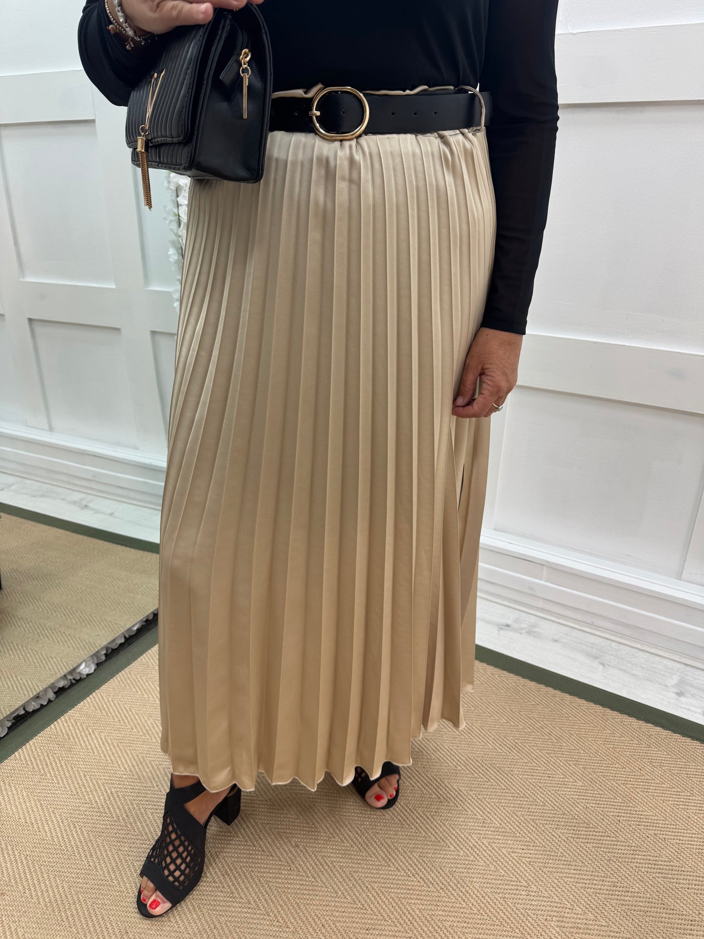 Mara: Champagne gold silky feel pleated maxi skirt. One size: 10-14
