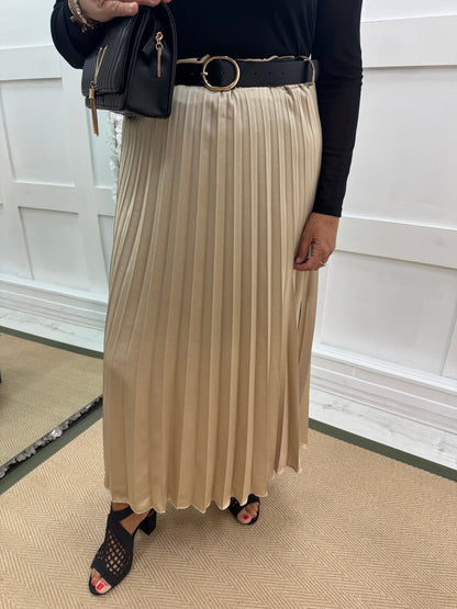 Mara: Champagne gold silky feel pleated maxi skirt. One size: 10-14