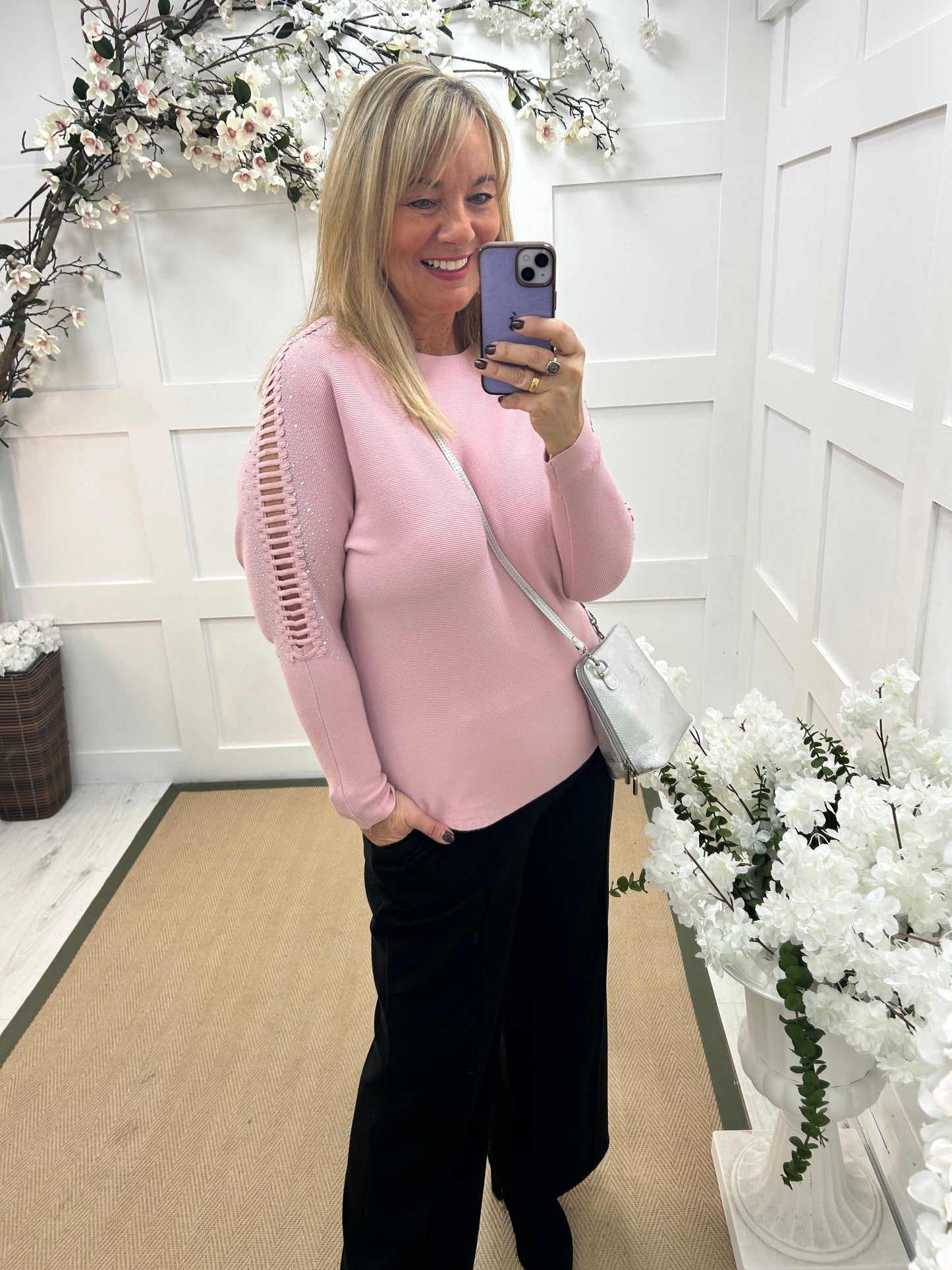 Arianne: Pink sparkle cutout shoulder top. One size: 12-16