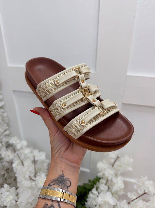 Rene: Cream & gold 3 strap sandals Sizes: 3-8