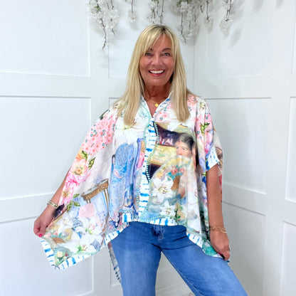 Felicity: Oversized cherub & floral printed blouse. Free size