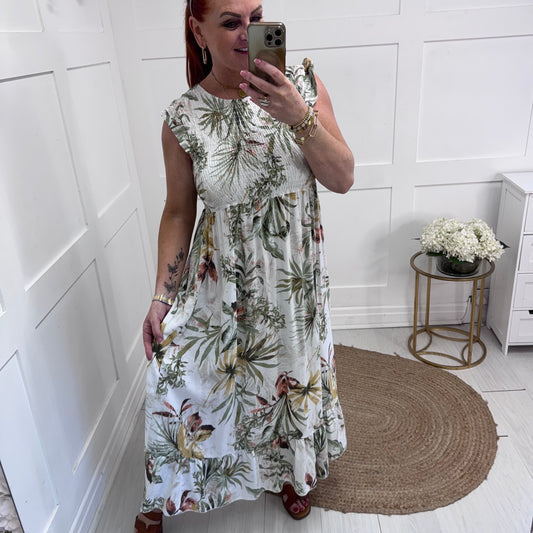 Sophia: White tropical print midi dress. One size 8-16/18